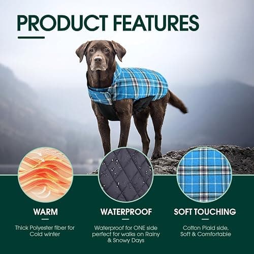 Kuoser Warm Dog Coat, Waterproof Dog Jacket for Extra Large Dogs, Adjustable Durable XXXL Doggie Winter Coat Reversible Puppy Cold Weather Apparel for Large Breed, Blue 3XL thumbnail 3