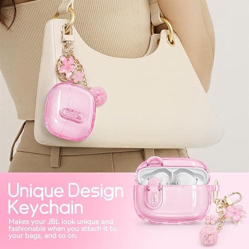 for JBL Vibe Beam 2(2025)/Beam(2023)/200TWS (2022) with Safety Lock,Pink | Clear Case with Cleaner Kit & Bling Keychain for Women Girls,Transparent Soft TPU Protective Cover,Shockproof thumbnail 5