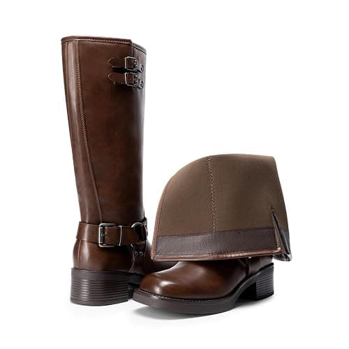 DREAM PAIRS Women's Knee High Boots Square Toe Motorcycle Boots Chunky Low Heel Fashion Buckles Biker Riding Boots with Side Zipper thumbnail 5
