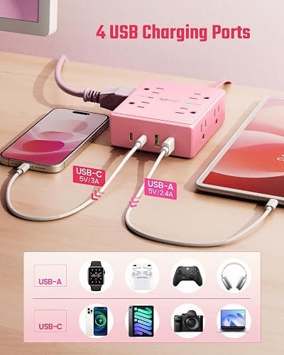 SUPERDANNY Pink Extension Cord 10Ft, Flat Plug Power Strip Surge Protector | 8 Outlets & 4 USB Ports (2 USB C), Cute Pink Stuff Room Decor, Home Office Kawaii Pink Cute Desk Accessories for Girls thumbnail 5