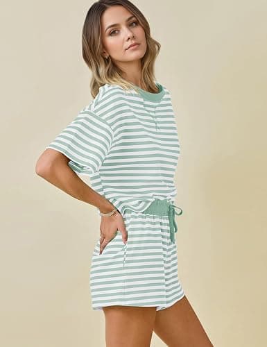 MISSACTIVER Womens Lounge 2 Piece Sets Summer Striped Matching Pajamas Set Short Sleeve Oversized T Shirts Drawstring Shorts thumbnail 2