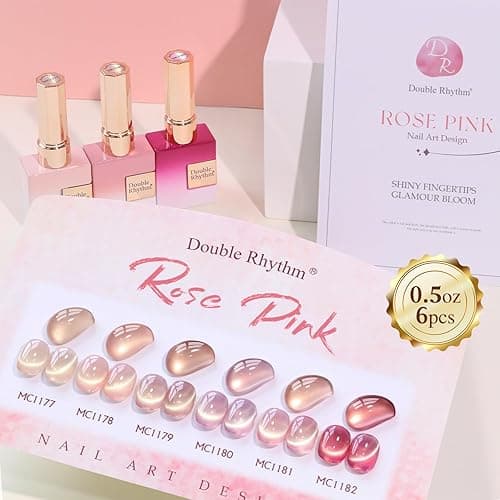 Double Rhythm Cat Eye Gel Nail Polish Set of 6 Same Color Same Bottle 0.5 Oz Shimmer Glitter with Magnet Holographic Reflective Magnetic UV Nail Polish Kit at Home (Glass Nude Pink Rose-T6-32) - Rose Pink thumbnail 6