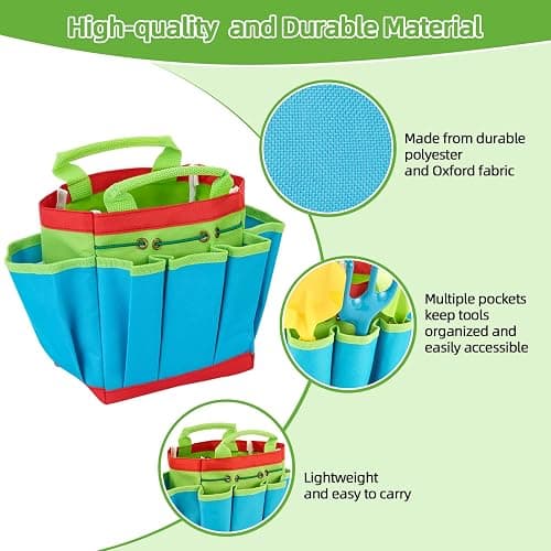 FITNATE Green Kids Garden Tools Set,6 PCS Gardening Tools for Kids Including Watering Can, Shovel, Rake, Fork, Children Gardening Gloves and Garden Tote Bag, All in One Set - Caterpillar thumbnail 5