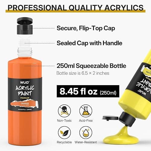 WUO 24 Colors Professional Acrylic Paint Set, 250ml/8.45oz, Large Bulk Rich Pigment Acrylic Paint, Non-Toxic Multi Surface Art Supplies for Artists Adults Beginners on Canvas Wood Fabric Rock Crafts thumbnail 4