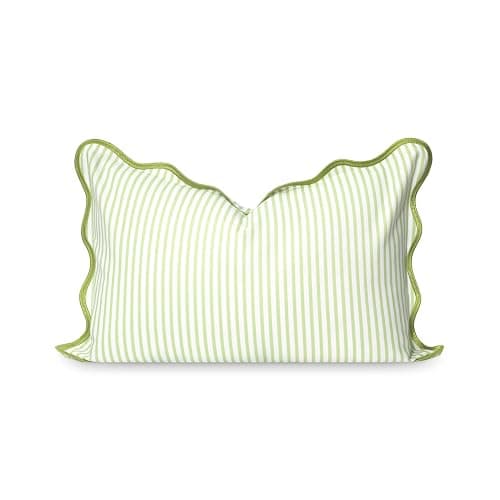 Hofdeco Premium Coastal Patio Indoor Outdoor Scalloped Lumbar Pillow Cover Only, 12"x20" Water Repellent for Backyard, Couch, Green Print Stripes - Image 1