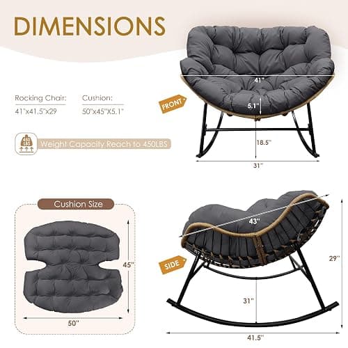 NICESOUL Rocking Papasan Chair Indoor Outdoor, Cushioned Patio Rattan Rocker, Oversized Large Egg Royal Rocking Chairs, 450lbs Sturdy Comfy Lounge Glider for Outside, Balcony, Porch, Xmas Gift, Grey thumbnail 2