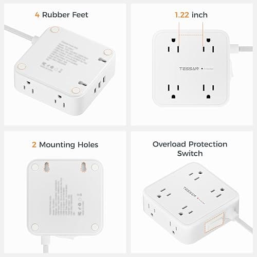 TESSAN Flat Plug Extension Cord, 5 Ft Surge Protector Power Strip with 3 USB (1 USB C) 8 Outlets, 900J Surge Protection, 3 Sided Outlet Extender with Power Switch for Dorm Room Essentials, White thumbnail 7