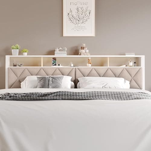 Salamir Full Headboard Only, Headboard for Full Size Bed with Storage, Upholstered Headboards with LED Lights & Charging Station, Attach Frame, Ideal for Bedroom/Dorm/Guest Room, White & Beige thumbnail 9