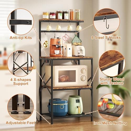 Korfile Kitchen Bakers Rack with Power Outlet, Small Coffee Bar Cart 4 Tiers, Microwave Stand Station with 8 S Hooks, Adjustable Shelf, Freestanding Kitchen Appliance Organizer, Rustic Brown thumbnail 9