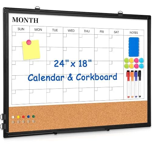 Monthly Calendar Whiteboard Dry Erase Cork Board Combo, 24" x 18" Magnetic Double-Sided Calendar White Board and Bulletin Board with Black Aluminium Frame, Portable Whiteboard for Office, Home, School - Image 1