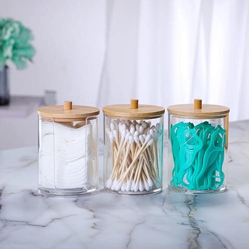 INCETUE 3PCS Cotton Pad Holder with Bamboo Lid for Bathroom Storage, Acrylic Cotton Swab Dispenser, Clear Round Cotton Wool Bud Jar for Vanity, Small Qtip Container, Makeup Organiser Set thumbnail 7