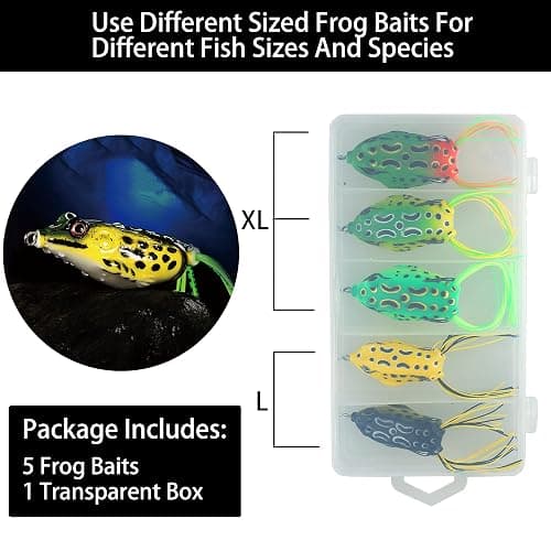 5Pcs Topwater Frog Lures Sets with Bait Box, Frog Lure Ray Frog Topwater Fishing Crankbait Lures, Frog Artificial Soft Bait for Bass Snakehead, Weedless Freshwater Soft Simulated Frog Bait thumbnail 8