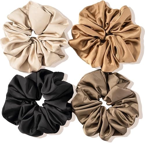 Lolalet Big Satin Scrunchies for Women, 5.9 Inch Large Oversized Scrunchie, Soft Jumbo/Giant Scrunchies Hair Ties for Thick & Curly Hair -4 Pack, Almond/Khaki/Black/Brown thumbnail 8