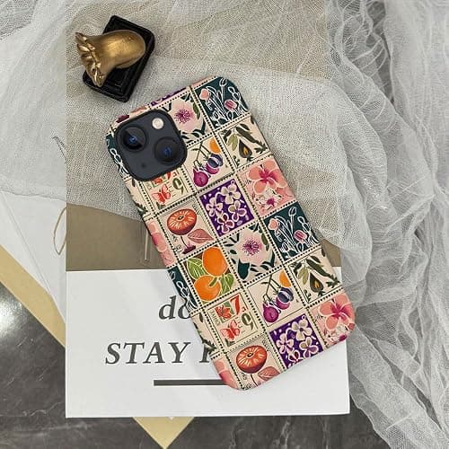 TnXee Case Compatible with iPhone 15,Compatible with MagSafe,Fall Prevention Hybrid 2-Layer Hard Shell Cases for Girls Boys,Vintage Flower Orange Stamp Collage thumbnail 5