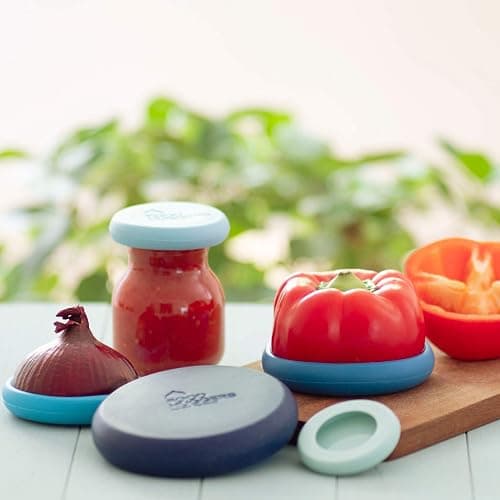 Food Huggers 5pc Reusable Silicone Food Savers | BPA Free & Dishwasher Safe | Fruit & Vegetable Produce Storage for Onion, Tomato, Lemon, Banana, Cans & More | Round, Ice Blue thumbnail 2