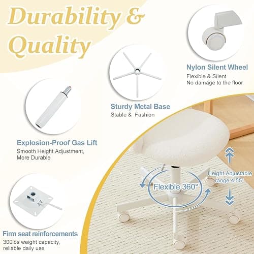 VINGLI Modern Vanity Chair with Back, Velvet Desk Chair for Girls, Small Office Chair with Silent Wheels， Stylish and Comfortable, White thumbnail 5