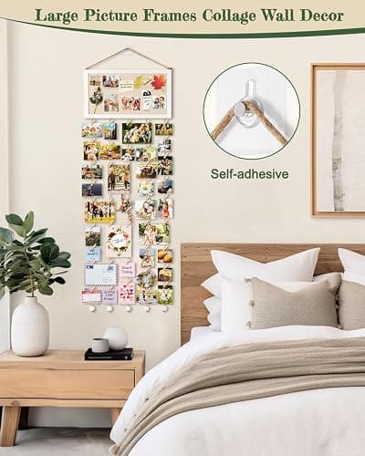 Bikoney Large Collage Picture Frame with Bulletin Board, Hanging Photo Display for Multiple Pictures, Wall Photo Organizer with 30 Clips & 6 Pushpins, Self Adhesive Hooks – No Drill Wood Photo Board for Room Decor thumbnail 3