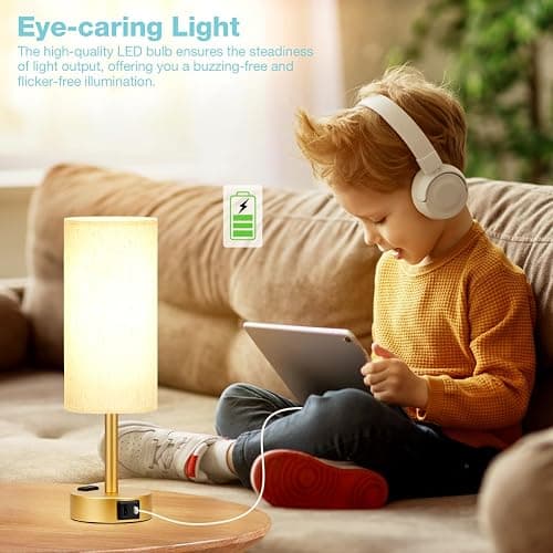 Fenmzee Gold Nightstand Bedroom Lamp - 3 Way Dimmable Bedside Lamp USB C A Charging Ports and AC Outlet, Small Table Lamp Linen Lampshade for Office Desk, LED Bulb Included thumbnail 4