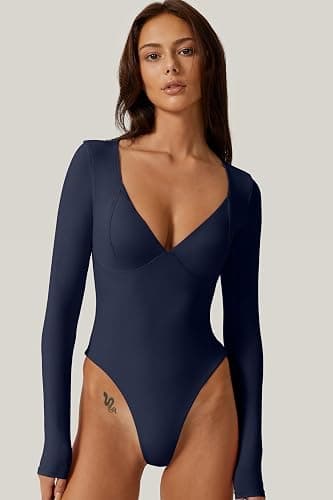QINSEN Women's Long Sleeve Bodysuit V Neck Body Suits Seamed Cup Going Out Tops Shirt thumbnail 3