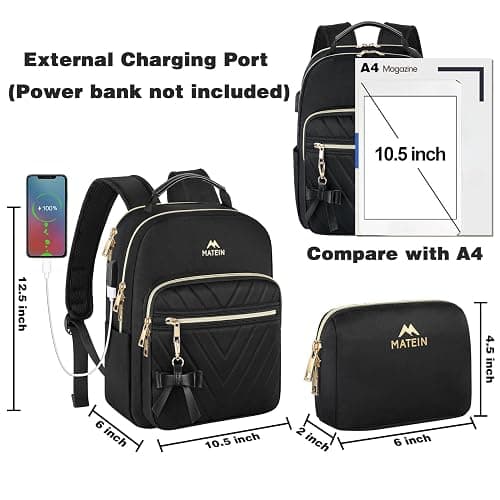 MATEIN Mini Backpack for Women, Waterproof Stylish Daypack Purse Shoulder Bag with USB Charging Port, Lightweight Small Casual Daily Travel Backpack, Lady Girls Gifts for Work School, 2pcs Sets, Black thumbnail 3
