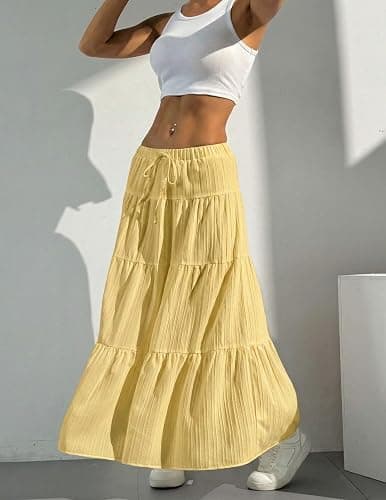 DERAX Women's Boho Flowy White Maxi Skirt Ruffle Elastic Waist Long Skirts | Flared, Summer, A Line, High Waisted, 2026 Spring, Fall, Drawstring, Casual, Beach, Vacation, Midi Skirt with Lining thumbnail 6