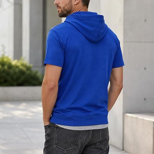 Ohoo Mens Slim Fit Zip up Hoodie Cotton Blend Soft Fabric Short Sleeve Lightweight Comfy Basic Jacket with Kanga Pocket thumbnail 4
