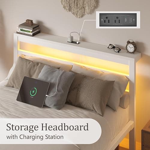 HAY.com Full Size Bed Frame with LED Light & Charging Station, Metal Platform Bed with Storage Headboard & Under-Bed Storage, Heavy Duty Slats Support, No Box Spring Needed, Noise-Free, White thumbnail 4