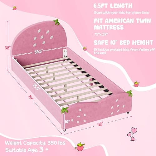 HONEY JOY Twin Bed Frames for Kids, Toddler Wooden Twin Bed Platform w/Headboard & Slat Base, No Box Spring Needed, Children Bedroom Furniture for Boys Girls, Fits Standard Twin Mattress, Strawberry thumbnail 2