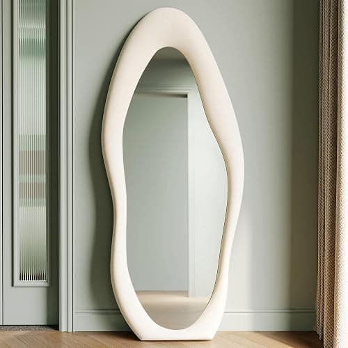Honyee Full Length Mirror, 63" x 24" Wall Mirror, Flannel Wrapped Wooden Frame Full Body Mirror, Irregular Wavy Mirror Hanging or Leaning Against Wall for Cloakroom/Bedroom/Living Room, Ivory White thumbnail 3