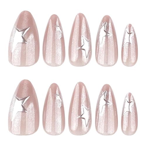 Mivota Medium Press on Nails Almond Cat Eye Nude Fake Nails Glossy Glue On Nails with 3D Silver Star Nail Art Designs, Decorative Thick Reusable Glossy Full Cover Stick on Nails for Women 24Pcs thumbnail 2
