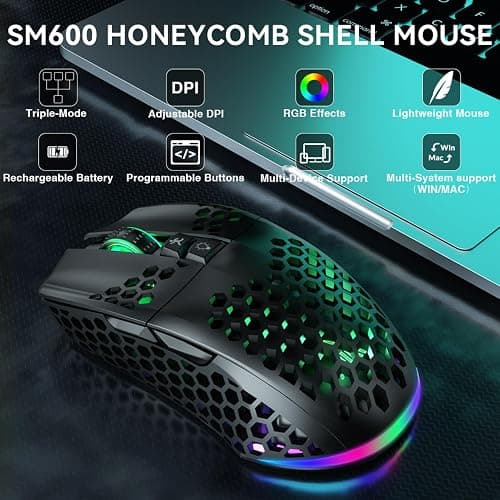 SOLAKAKA SM600 Honeycomb Shell Gaming Mouse Wireless,Tri-Modes BT/2.4G Wireless/Type-C Wired Gamer Mouse with 2 Side Buttons, Macro Programmable and RGB Light for PC/Mac/Laptop,Black thumbnail 2