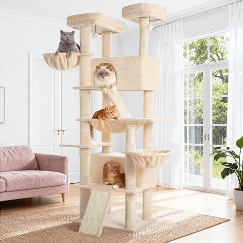 ABCPET Cat Tree 82 in Multi-Level Cat Tower for Indoor Cats, Heavy Duty Large Cat Tree with Sisal Scratching Posts, Hammock, 2 Perches, 2 Condos, 2 Hanging Baskets, Beige - Image 1