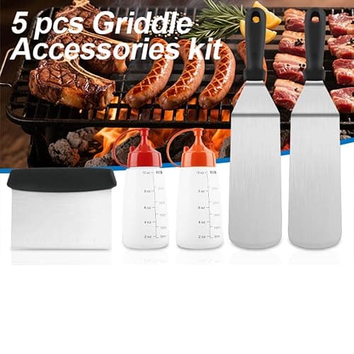 BBQ Griddle Tool Set - 2 Spatulas, 2 Squeeze Bottles & 1 Scraper | Heavy-Duty Stainless Steel Accessories for Flat Top Cookin thumbnail 3