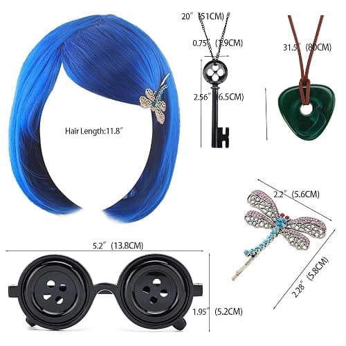 ANZWTLOYY Halloween Button Eyes Glasses Blue Bob Wig Key Necklace Green Stone Necklace Dragonfly Hair Clips Halloween Costume Cosplay Merch Merchandise thumbnail 6