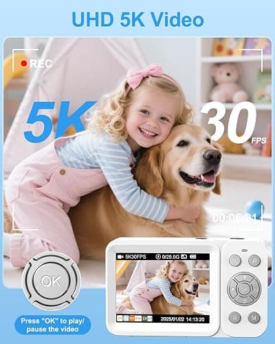 Hoorola Digital Camera, 5K Vlogging Camera for Photography, 80MP Dual Screen Point and Shoot Digital Camera with Auto Focus, 18X Zoom, Flash, 2 Batteries, 32GB Card for Teens and Adults (White) thumbnail 2