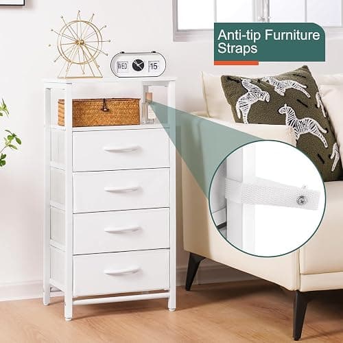Yoobure Night Stand - LED White Nightstand with Charging Station, Bedside Table with 4 Storage Drawers and Storage Shelf, End Table with USB Ports and Outlets, Tall Dresser for Bedroom - White thumbnail 8