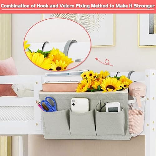 Loghot Bedside Caddy/Bedside Storage Bag Hanging Organizer for Bunk and Hospital Beds,Dorm Rooms Bed Rails,Can be Placed Glasses,Books,Mobile Phones,Keys (New Grey) thumbnail 4
