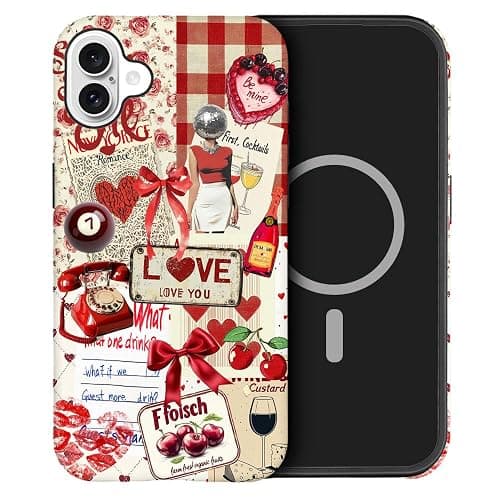 DAIZAG Case Compatible with iPhone 16, [Compatible with MagSafe],Shockproof Protective Phone Case for Girl Women - Red Love Heart Retro Collage - Image 1