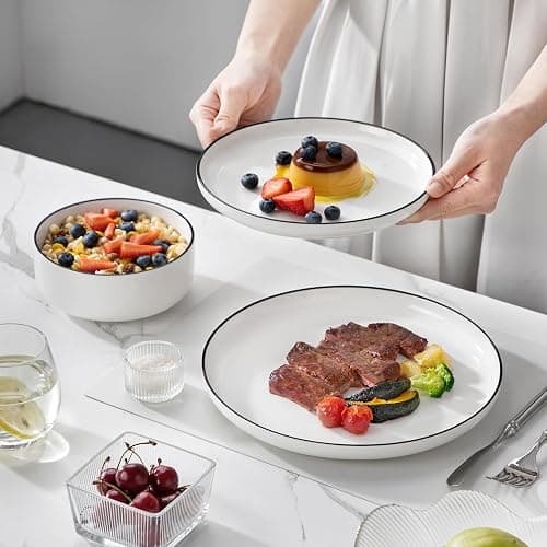 MALACASA Plates and Bowls Sets, 12 Pieces Modern Porcelain Dinnerware Set for 4 White Kitchen Dinner Dining Ware Set wtih Black Rim Ceramic Dishware Dishes Microwave and Dishwasher Safe, Series LUNA thumbnail 8
