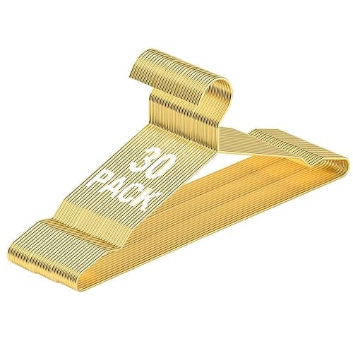 SPECILITE Metal Wire Clothes Hangers Bulk 30 Pack with Notches for Standard Size Coats, Shirts, Suits, Pants, Heavy Duty, Space-Saving, Gold - Image 1