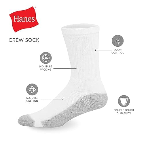 Hanes Men's Double Tough Socks, Crew and Ankle Moisturing Wicking Socks, Black & White, Multi-Packs thumbnail 4