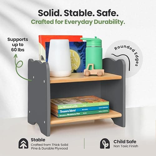 Ocodile Kids Nightstand for Floor Beds, Solid Wood Small Bedside Table with Book Pocket, Low Tiny Nightstand for Nursery, Toddler & Kids Room, Montessori Style Side Table - Gray thumbnail 3