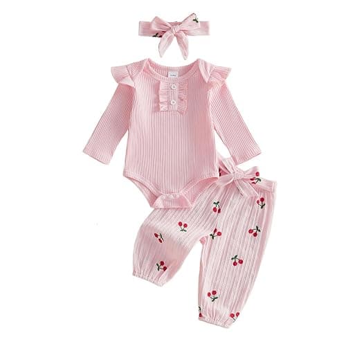 Suolongsama Newborn Baby Girl Clothes 3 6 12 18 Months Knit Long Sleeve Bubble Romper Cherry Printed Pants Headband Spring - Image 1