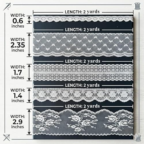 IDONGCAI 10 Yards Lace Trim Ribbon Set – 5 Styles Assorted Scalloped Lace for Sewing, Vintage Floral & Heart Pattern Bridal Lace for Wedding Decor, DIY Crafting, Gift Wrapping & Dress Embellishment thumbnail 2