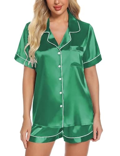 Samring Women's Silk Satin Pajamas Set Short Sleeve Sleepwear Two Piece Button Down Pj Set with Pockets S-XXL thumbnail 3