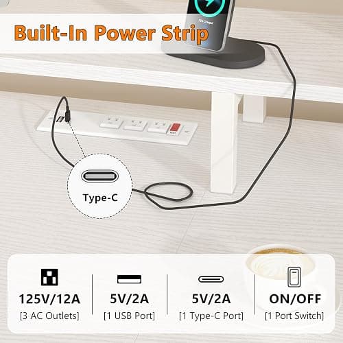 YOMILUVE 60 Inch Computer Desk with 8 Fabric Drawers, Gaming Desk with LED Lights & Power Outlets, Home Office Desk with Monitor Stand, White thumbnail 4