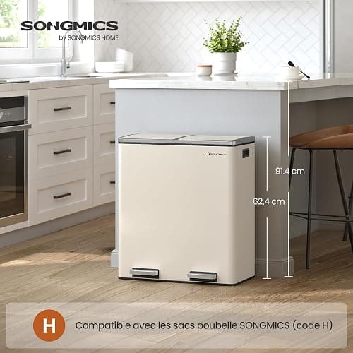 SONGMICS Poubelle à Double Compartiment 2 x 30 L, avec 15 Sacs Poubelles, Pédales en Métal, 2 Seaux Intérieurs en Plastique, Couvercles, Poignées, Fermeture en Douceur, Couleur Crème LTB060A01 thumbnail 2