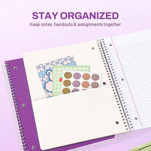 SUNEE Spiral Notebook, 1-Subject, College Ruled Paper, 8" x 10-1/2", 100 Sheets per Notebook, 3-Hole Punched Paper, Water Resistant Cover, Double-sided Pockets, Dark Purple thumbnail 4
