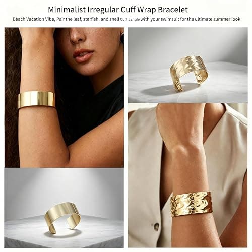 COLOYAN 6PCS Gold Cuff Bangle Bracelets for Women | Sturdy Durable Open Gold Wrist Cuff Bangle,Boho Beach Style, Starfish Shell Leaf Design, Dresses, Vacations, Nights out thumbnail 6