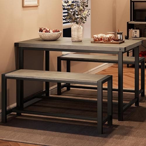 GAOMON Dining Table Set for 4, Wooden Kitchen Table with 2 Benches, 3 Piece Rectangular Dining Room Set, Space Saving Kitchen Tables Sets for Apartment, Small Space, Home, Rustic Gray - Image 1